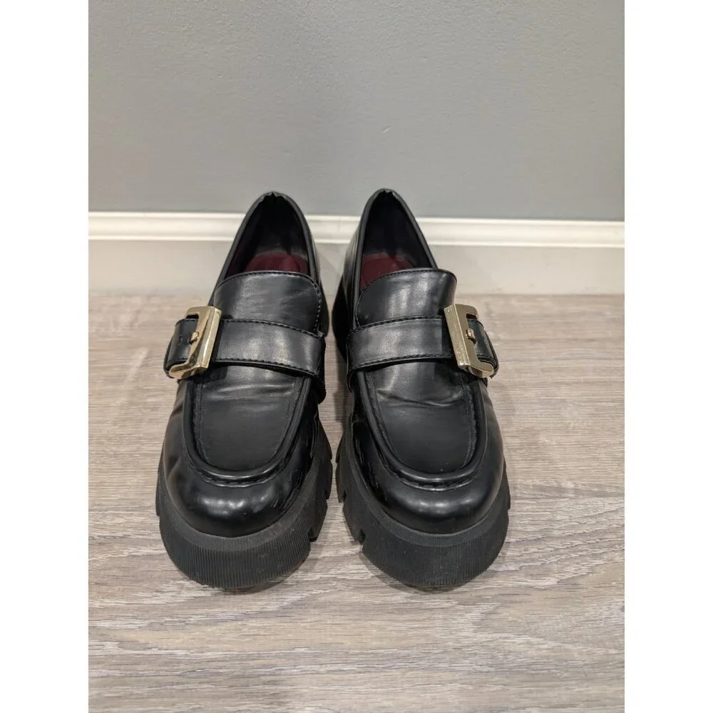Zara Women's Back Loafers Chunky Platform Metal Buckle Shoes Y2K Slip-ons Sz 38